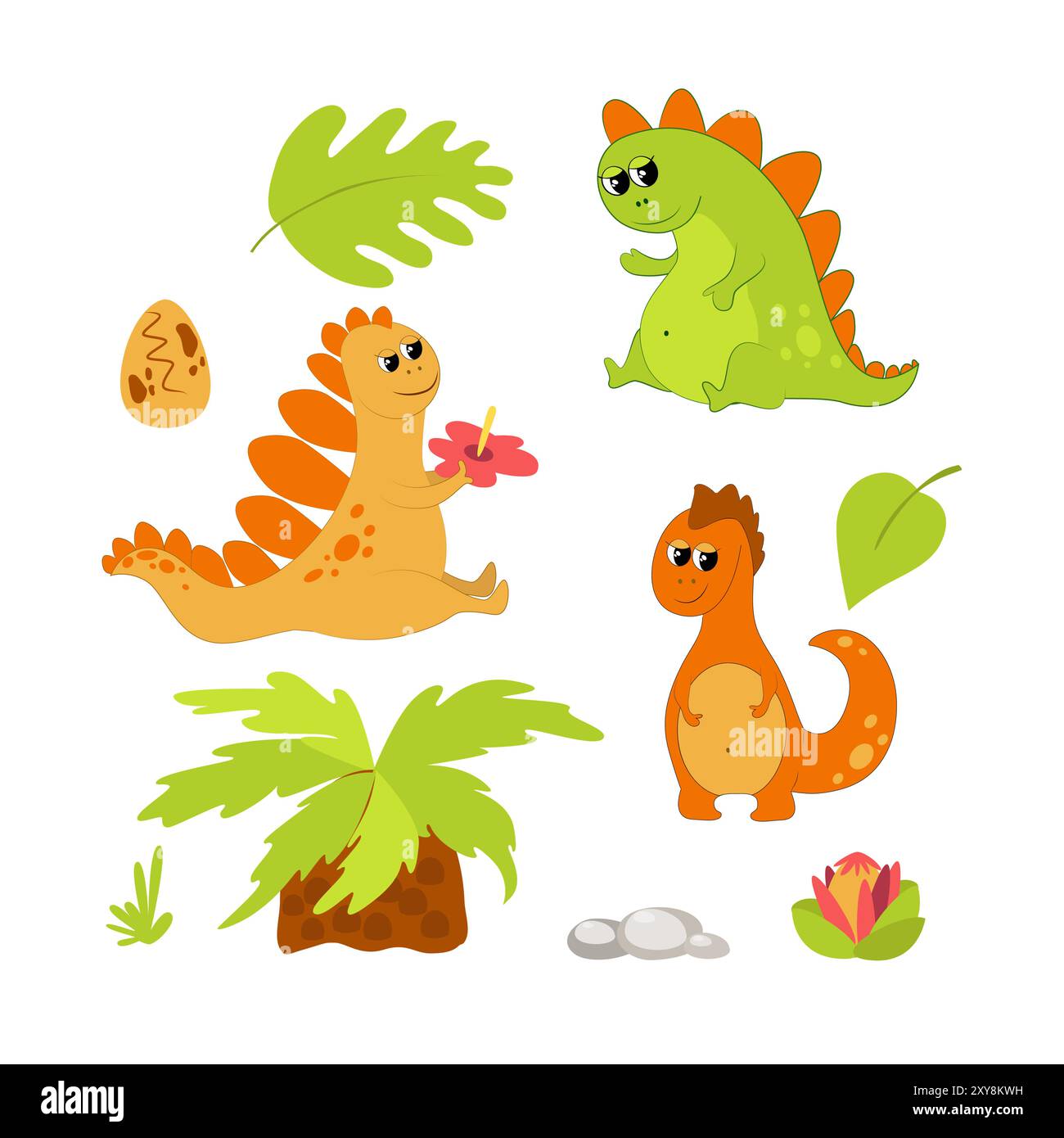 Set aus niedlichen und niedlichen Dinosauriern im Cartoon-Stil für Kinder. Grünes und oranges prähistorisches Tier, alter Baum und Blume, Steine, Ei und Blätter. Stock Vektor