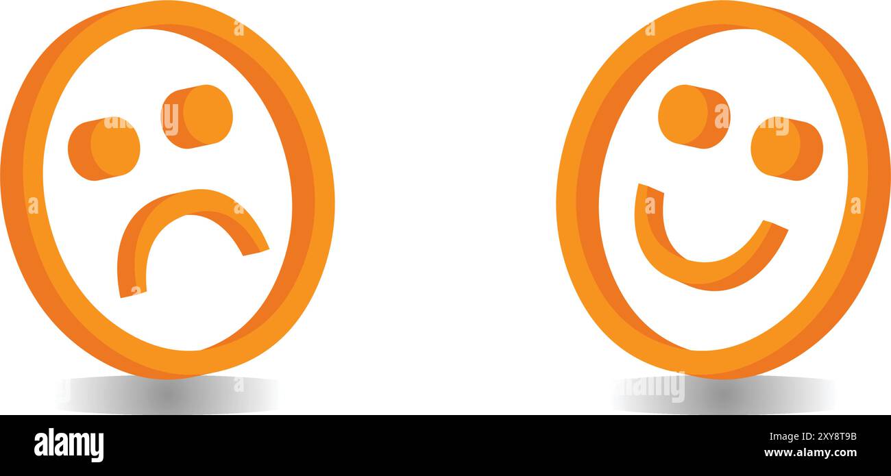 3D Happy and Sad Emoji Schild in gelber Farbe Stock Vektor