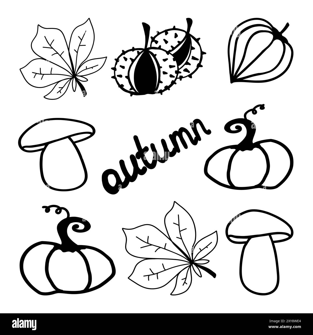 Herbstillustration mit Blättern, Kürbissen, Kastanien und Pilzen auf weißem Hintergrund Stock Vektor