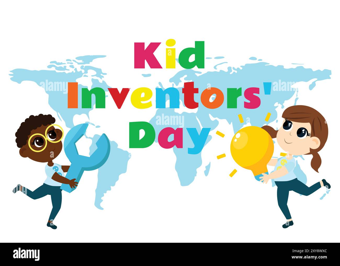 Tag Der Kindererfinder. Niedlicher Junge und Mädchen mit Glühbirne und Schraubenschlüssel und Text Children's Invention Day. Сartoon kindlicher Stil. Stock Vektor