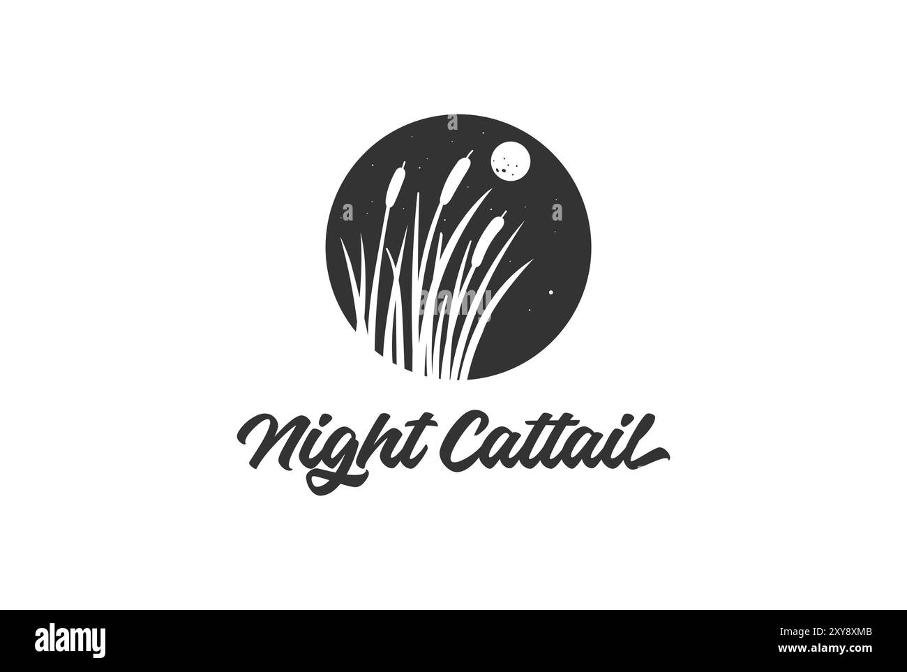 Vintage Circle Night Sky Cattail Reed Grass Lake River Creek Swamp Logo Design Stock Vektor