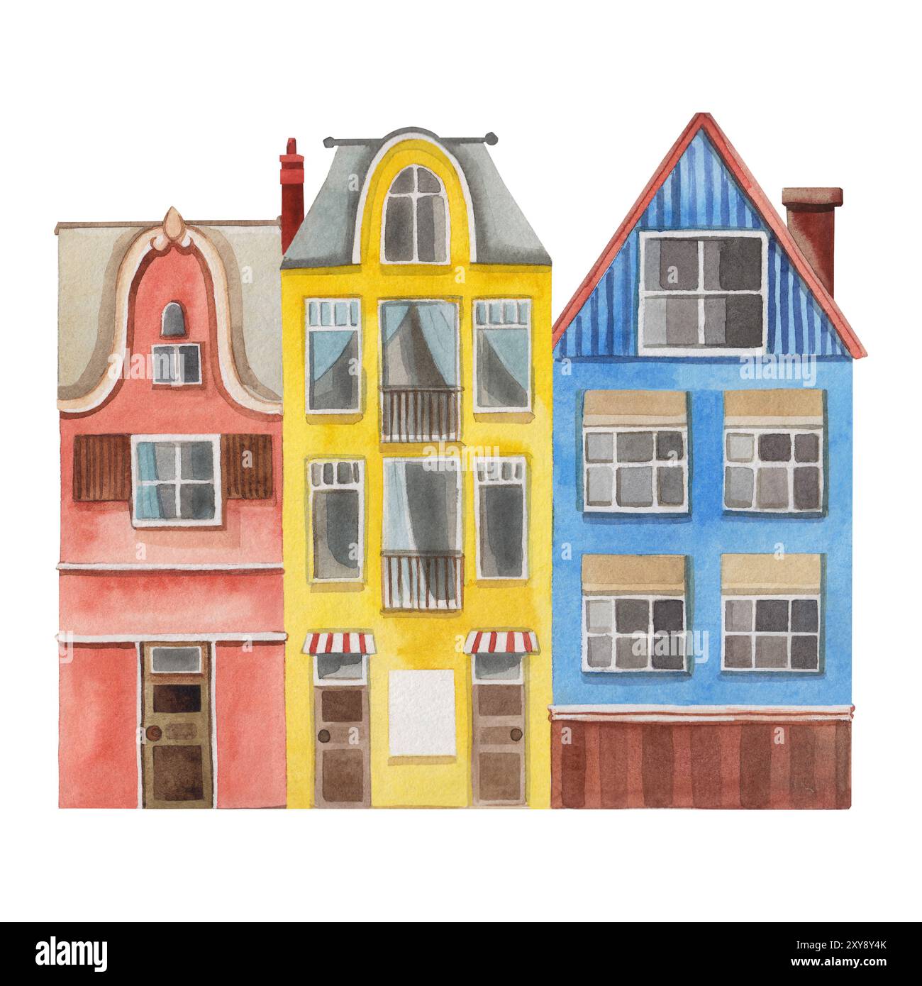 Aquarellabbildung. Drei mehrstöckige Gebäude, antike Architektur, alle Objekte sind handgezeichnet mit Aquarellen. Häuser in gelb, blau. Stockfoto