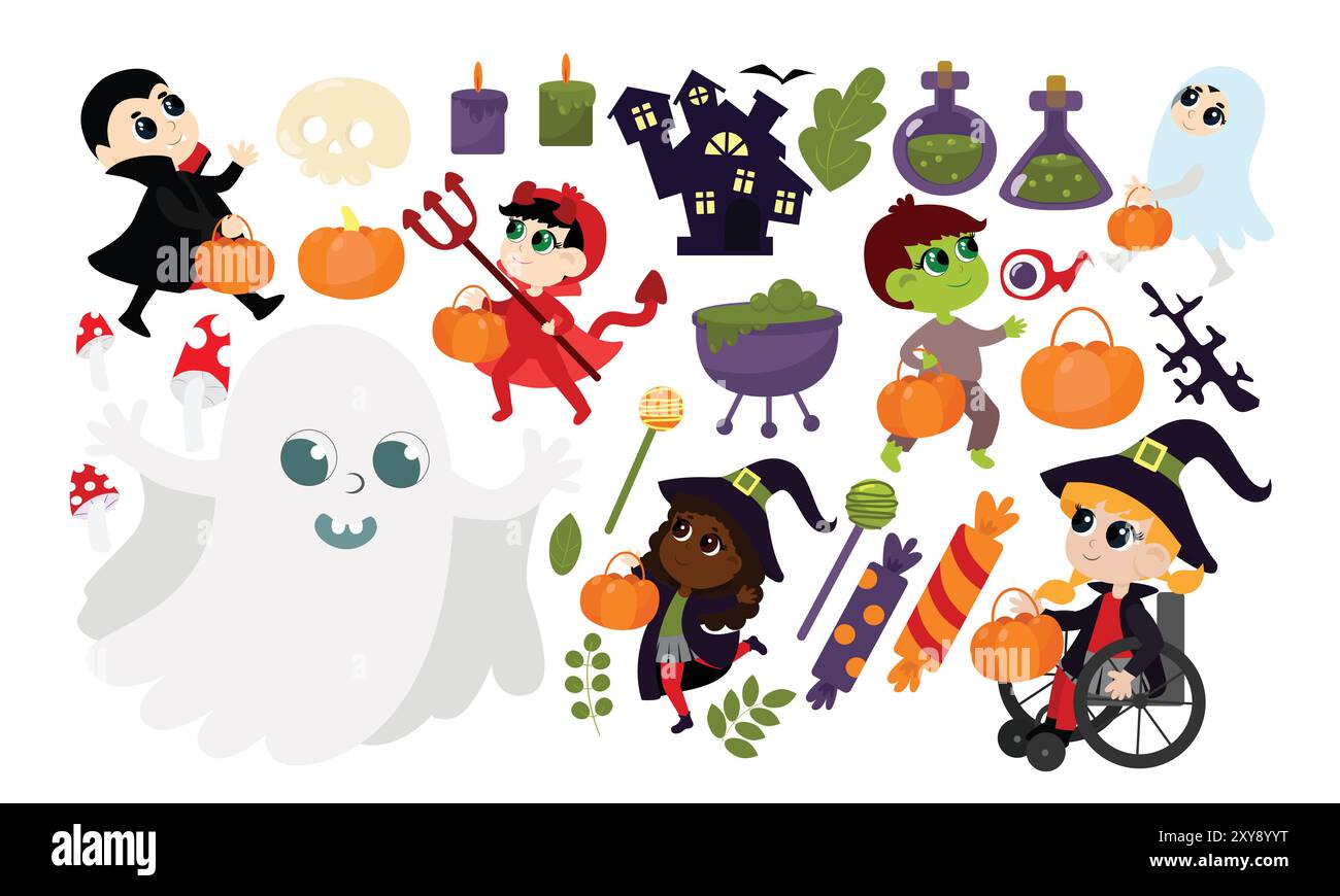 Setzen Sie Kinder in Halloween-Kostüme und Pflanzen Sie Blätter, Süßigkeiten, Kürbis, Schloss, Trank, Gift, Flaschen, Auge, Lutscher, Korb, Schädel, Kerzen, Fledermaus in ca. Stock Vektor