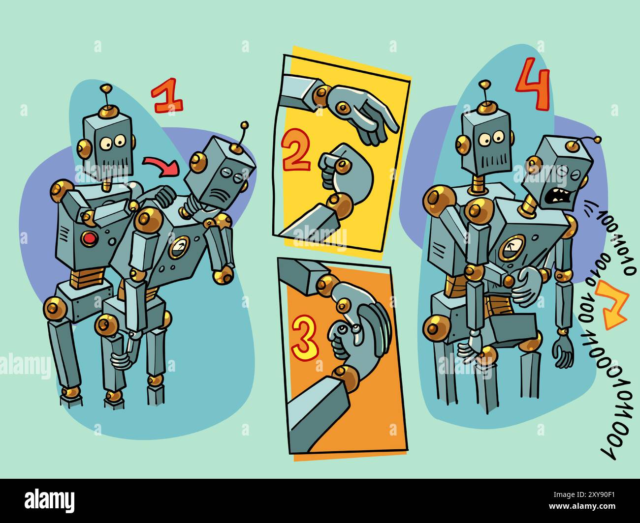 Futuristische Anweisungen für die Zukunft. Roboter helfen einander und reparieren Kollegen. Das Problem liegt in Formeln und Zahlen. Comic-Comic-Pop Stock Vektor Futuristische Anweisungen für die Zukunft. Roboter helfen einander und reparieren Kollegen. Das Problem liegt in Formeln und Zahlen. Comic-Comic-Pop Stock Vektor