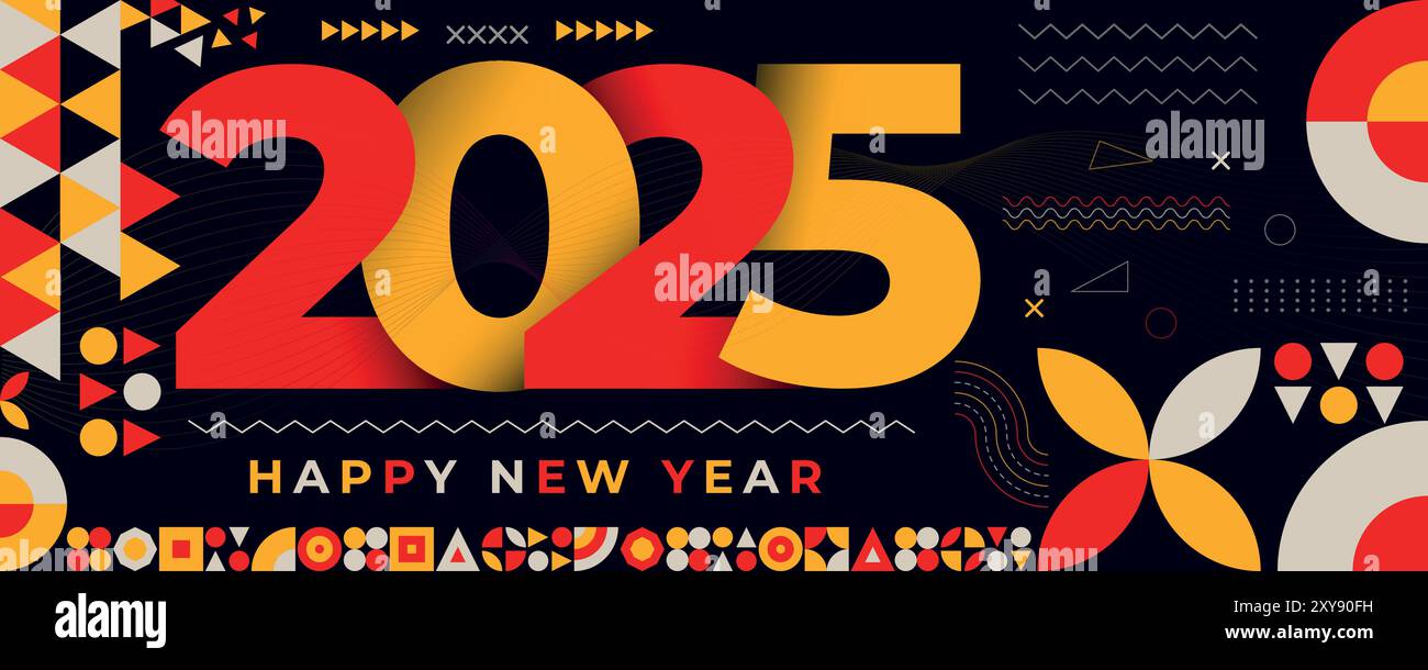 Happy New Year 2025 Typografie-Grußkartenbanner mit roten und gelben geometrischen Mustern und Textdesign auf dunklem Hintergrund Stock Vektor