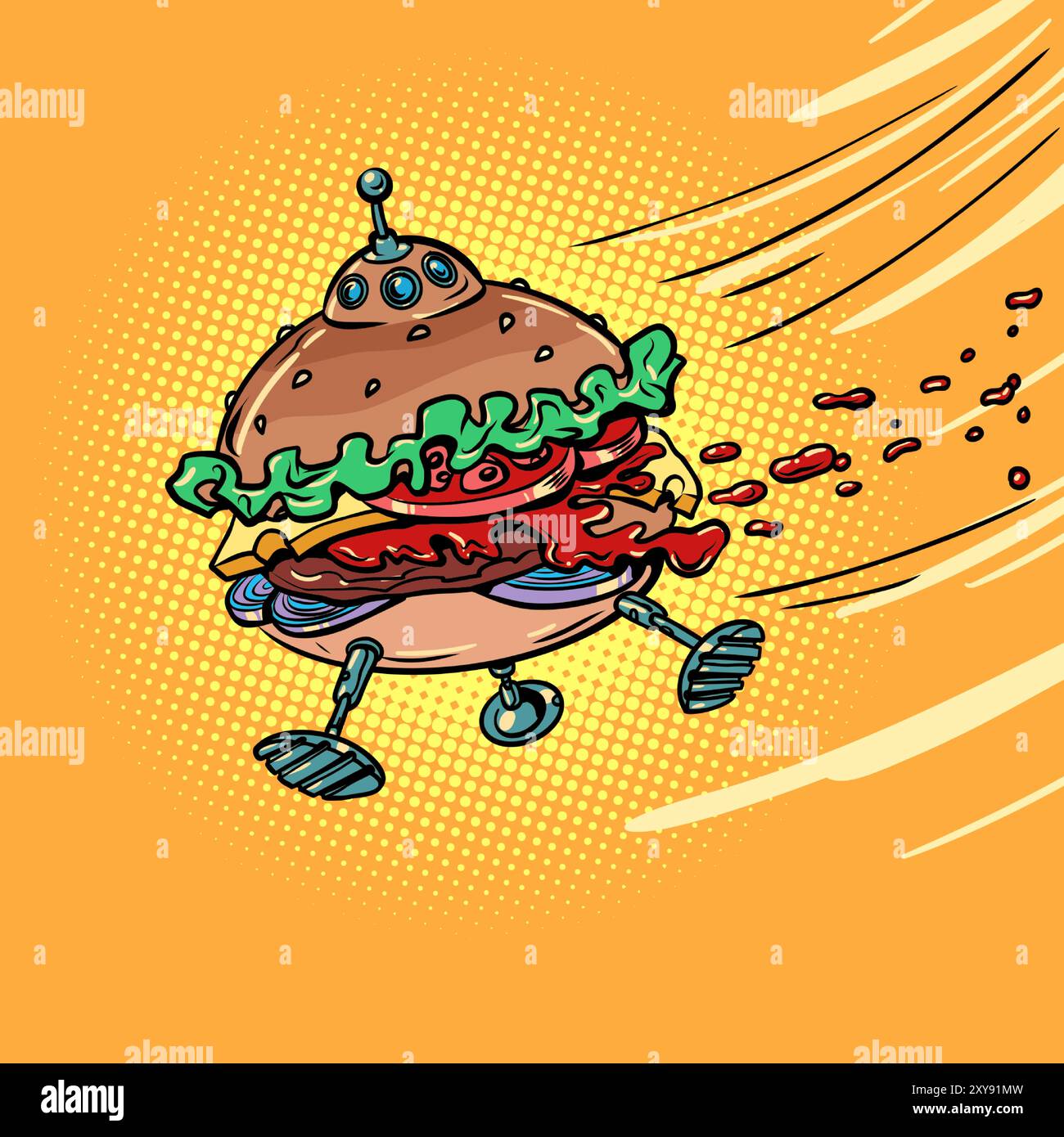 Die Burger-Flugmaschine fliegt mit hoher Geschwindigkeit. Schnelle und effiziente Lieferung von Fast Food. Internationale Berichterstattung über eine Fast-Food-Einrichtung mit Stock Vektor