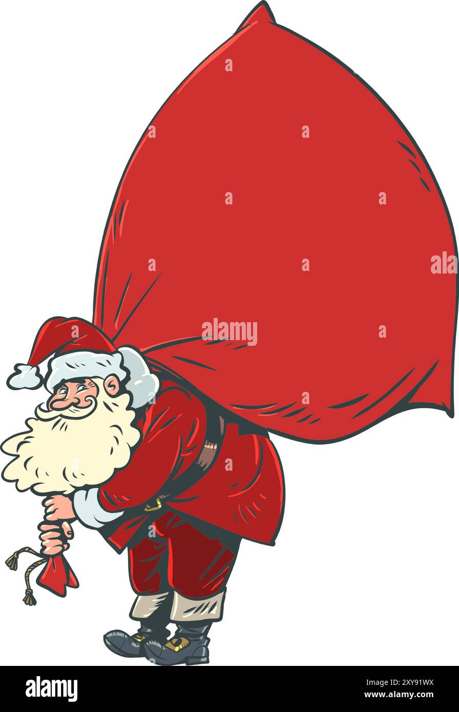 Der Weihnachtsmann trägt eine Tasche voller Geschenke. Der bevorstehende Neujahrsfeiertag und das weihnachtsmannkostüm. Lieferung von Einkäufen für Kunden. Comic-Comic-Comic-Pop-Art-Retro-V Stock Vektor