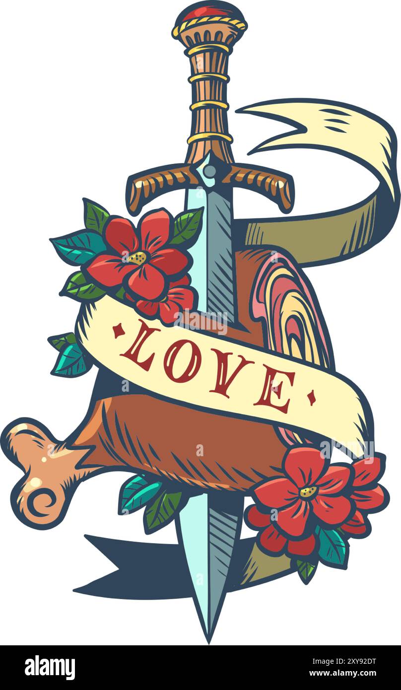Das Schwert durchbohrt ein Stück Fleisch mit der Inschrift Liebe. Prestigeträchtiges Restaurant mit ausgewählten Menüs und Speisen. Stilvolles mittelalterliches Symbol der Liebe zu d Stock Vektor