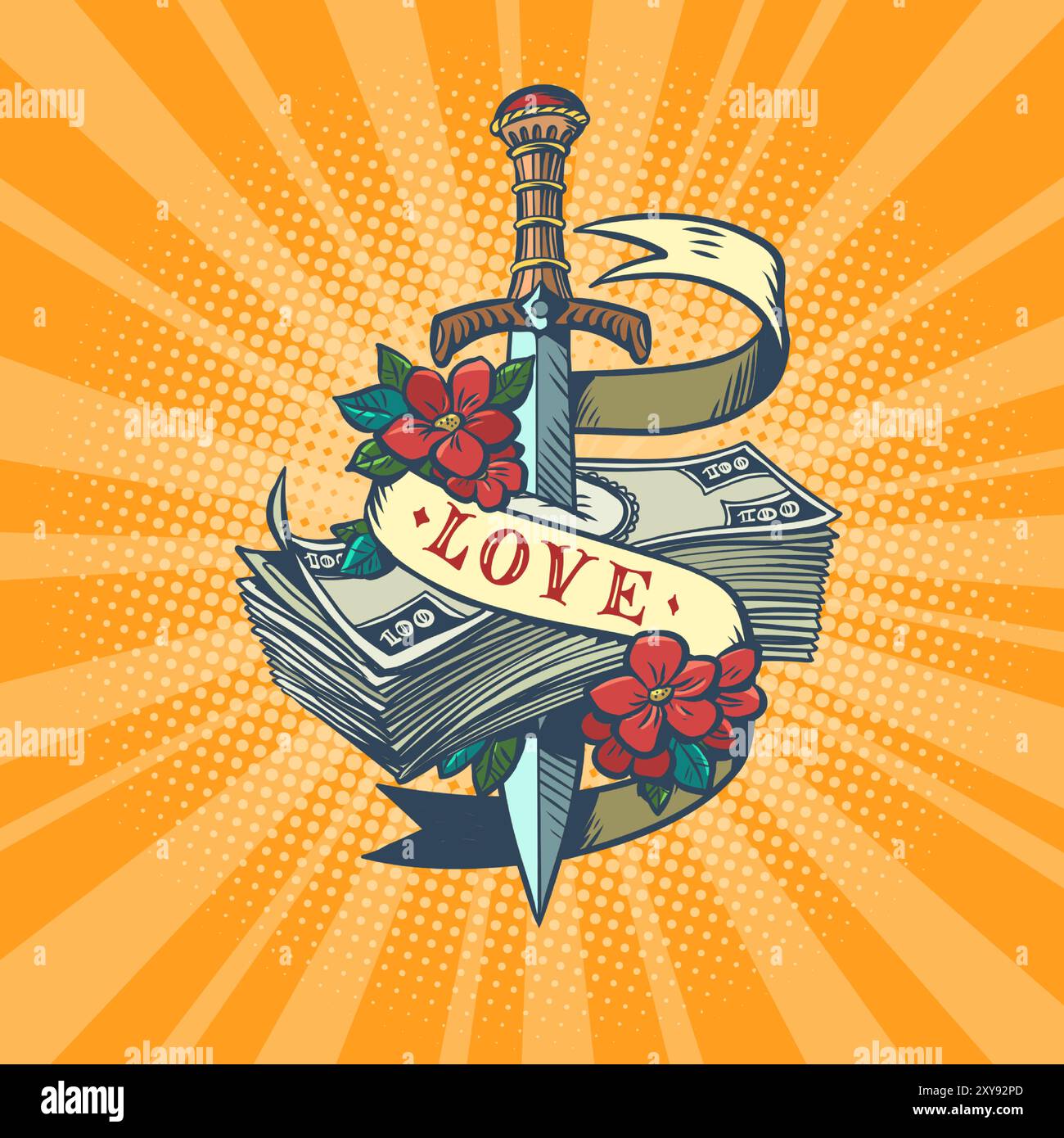 Das Schwert durchbohrt Geld mit der Inschrift Liebe. Das Problem der Finanzen für gute Beziehungen. Das Primat von Liebe und Gefühl über Mo Stock Vektor