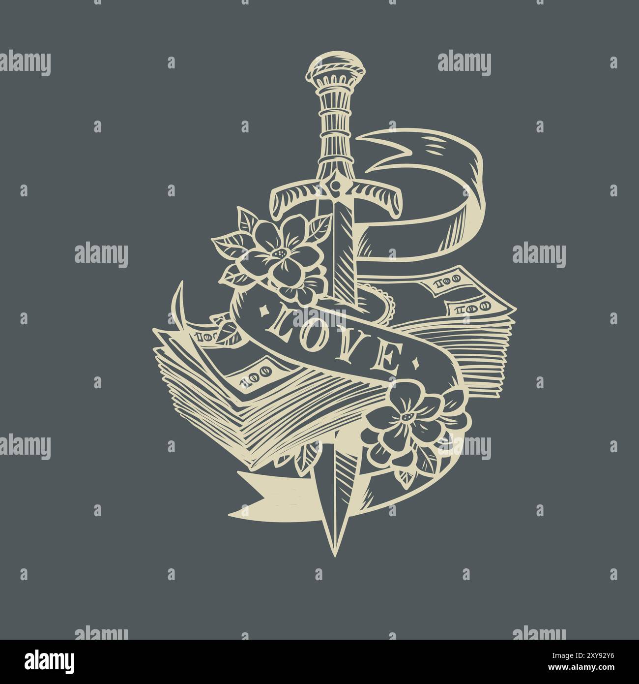 Das Schwert durchbohrt Geld mit der Inschrift Liebe. Das Problem der Finanzen für gute Beziehungen. Das Primat von Liebe und Gefühl über Mo Stock Vektor