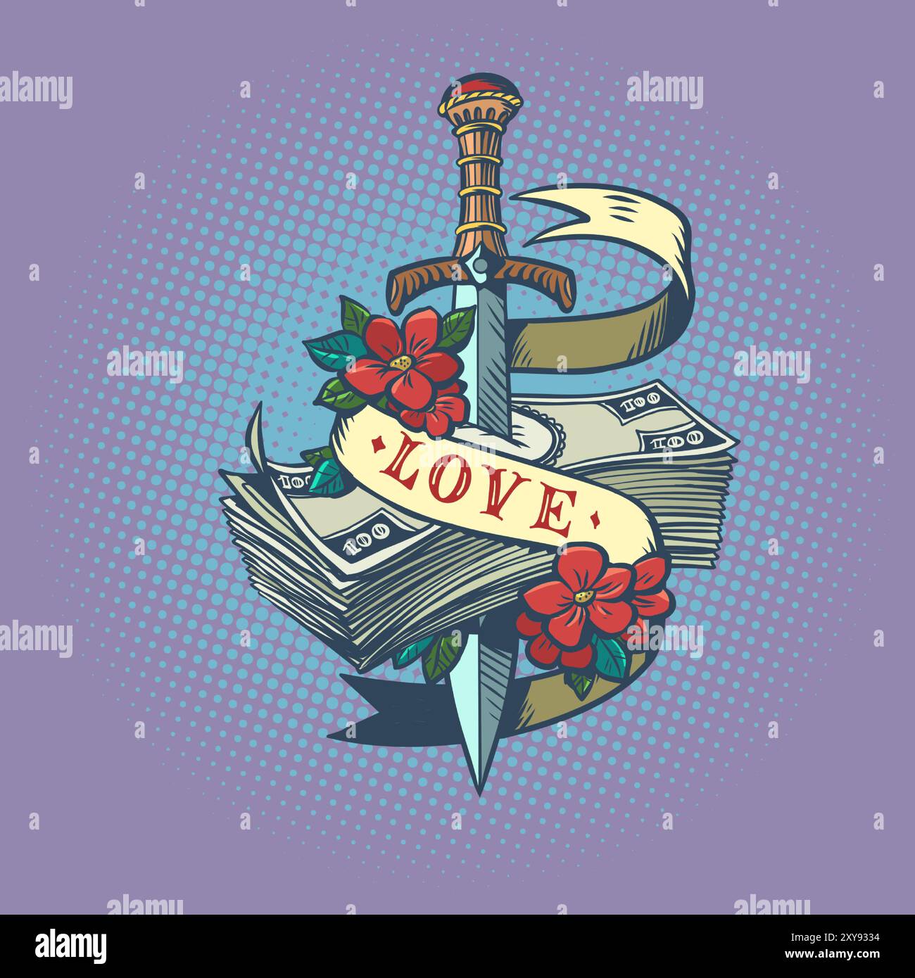 Das Schwert durchbohrt Geld mit der Inschrift Liebe. Das Problem der Finanzen für gute Beziehungen. Das Primat von Liebe und Gefühl über Mo Stock Vektor