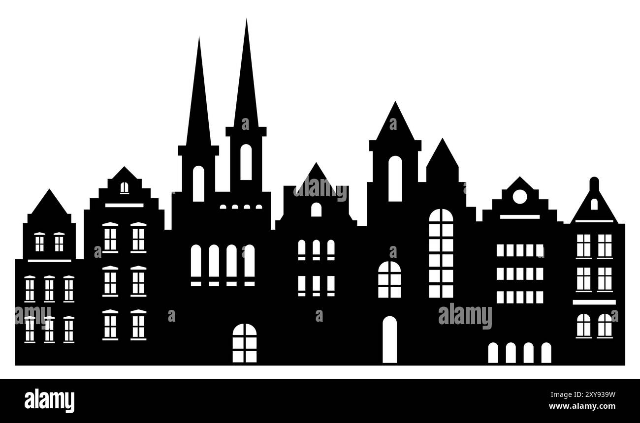 Abstrakter urbaner Hintergrund. Häuserset im Amsterdamer Stil. Lasergeschnittene Silhouette. Stilisierte Fassaden von Gebäuden in alteuropäischer Sicht. Stock Vektor