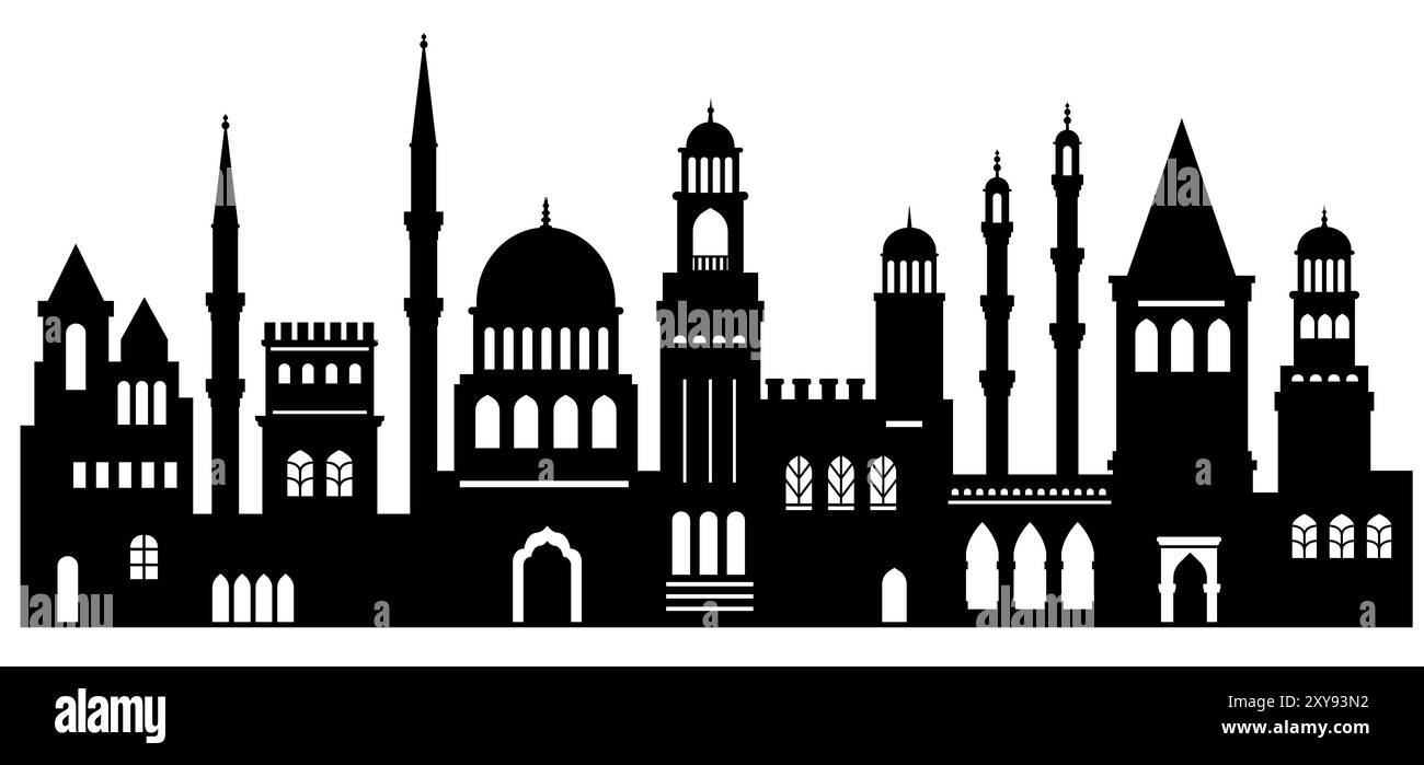 Urbaner abstrakter Hintergrund. Set aus muslimischer Stadtsilhouette in flachem Stil, Moschee, Minarett Stock Vektor