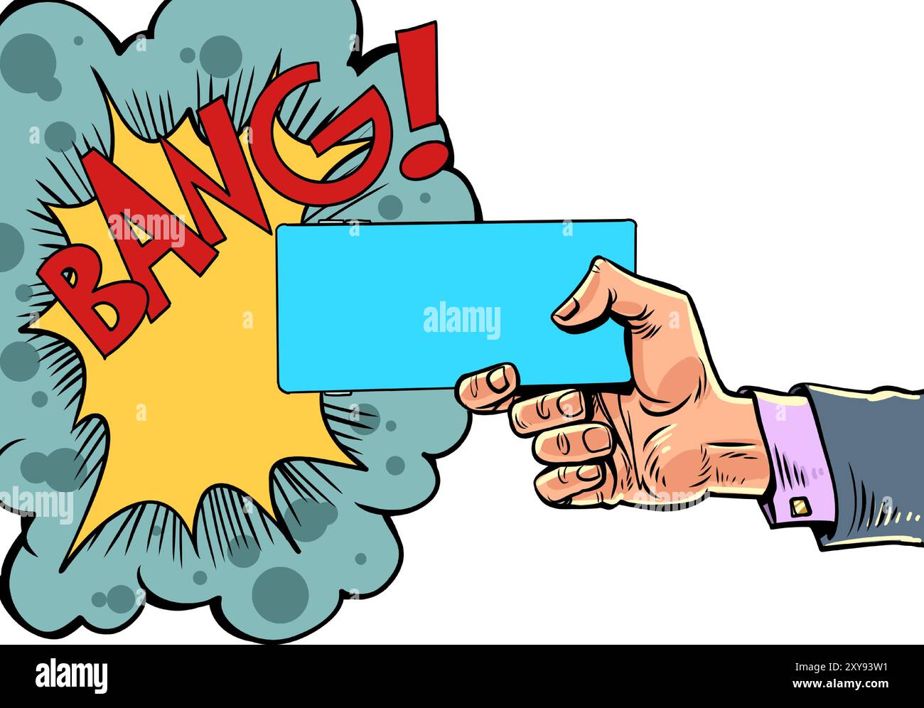 Die Hand eines Mannes hält ein leeres Ticket und schießt davon ab. Comic-Stil für Werbedesign. Black Friday für Kunden. Stock Vektor