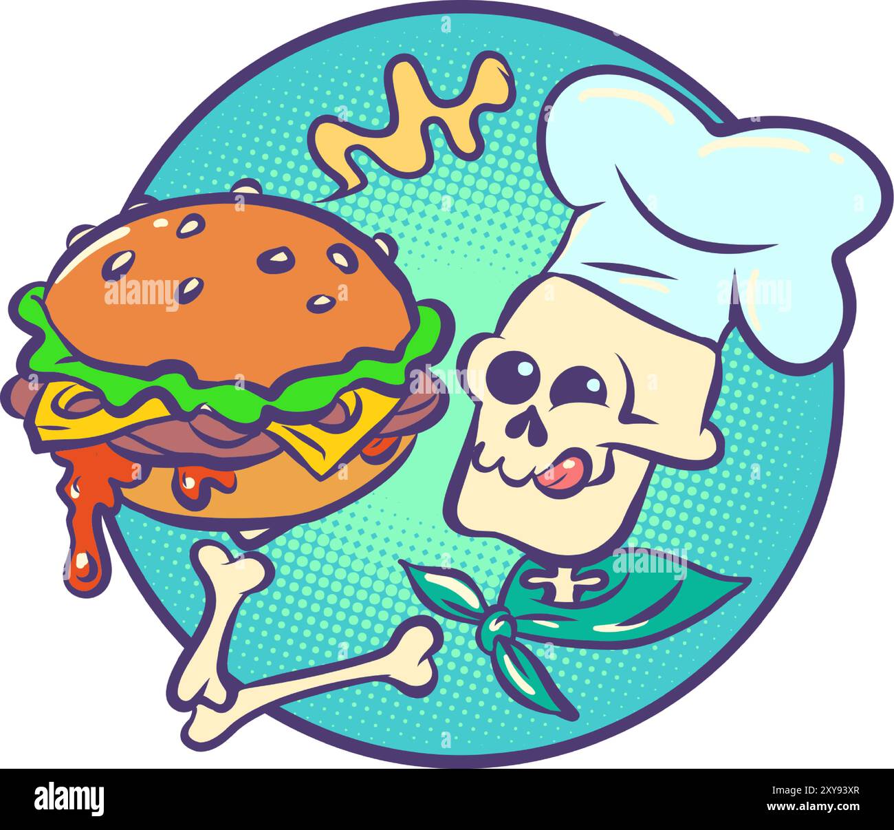 Skelettkoch hält einen Cheeseburger. Mexikanischer Feiertag Tag der Toten und Restaurant Maskottchen. Halloween-Gerichte. Stock Vektor