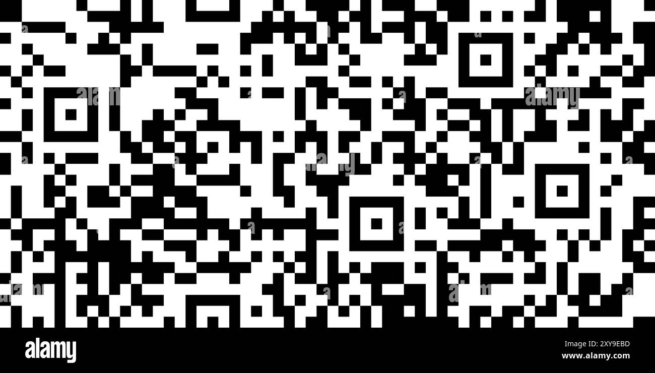 Nahtloses Muster des QR-Codes in Schwarz und weiß mit chaotischen Quadraten. Verschlüsselte Binärnachricht zum Scannen per Telefon. Vektor-monochromer technischer Hintergrund Stock Vektor