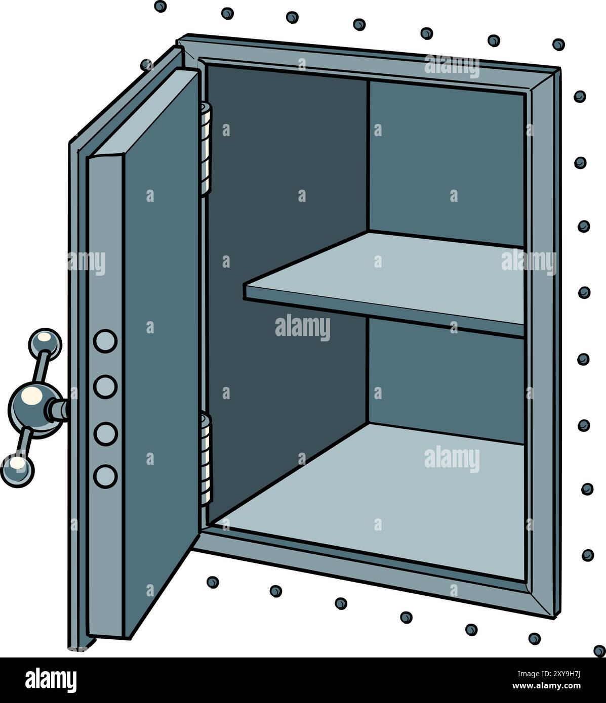 Offener Metallsafe leer. Das Problem des Diebstahls und des Verlusts von Finanzinvestitionen. Wir arbeiten an Banksicherheit für Kunden. Pop Art Retro Vektor Illustrat Stock Vektor