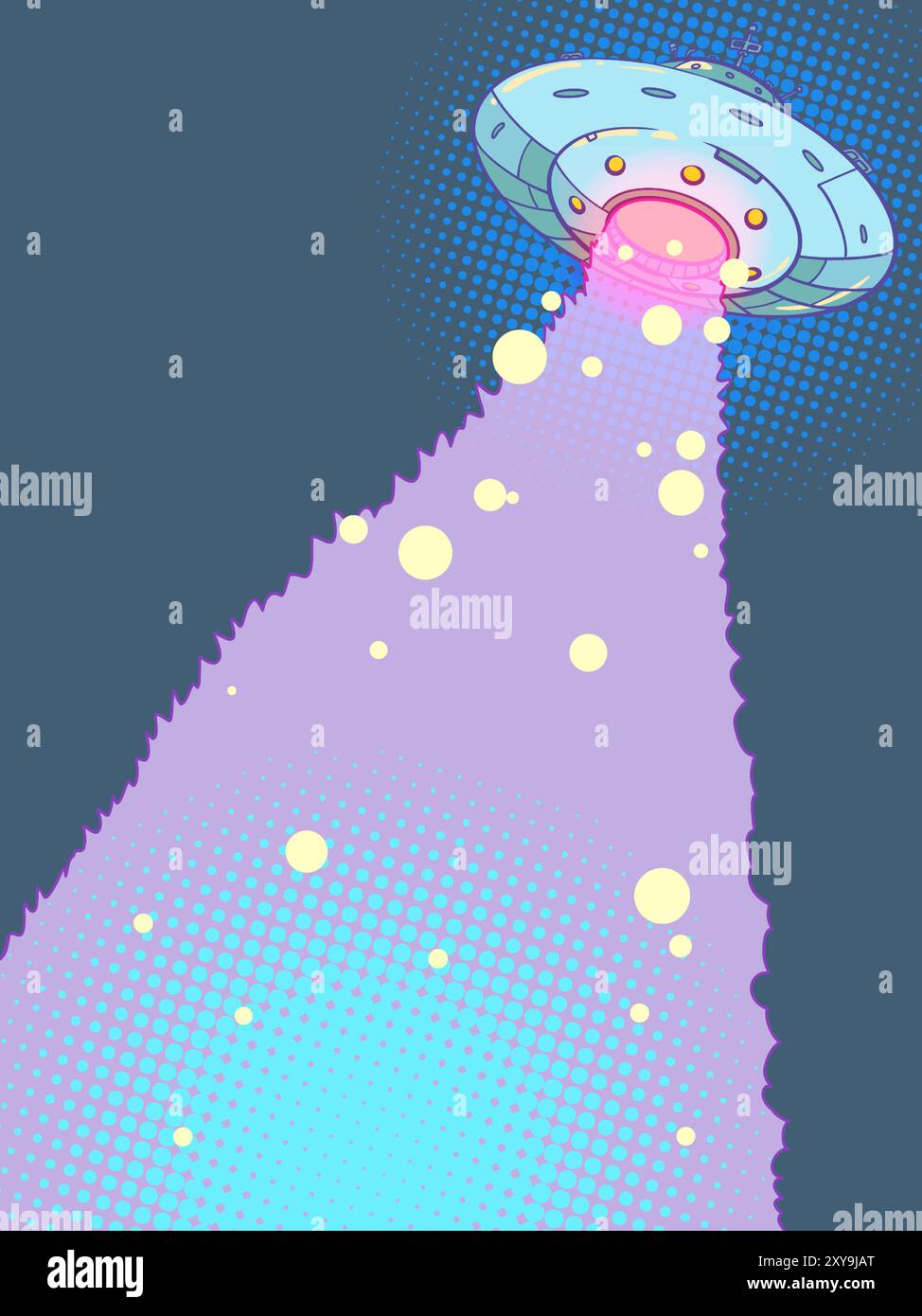 Die fliegende Untertasse feuert einen violetten Strahl ab. Das außerirdische Leben im Universum. Paranormale Phänomene des Weltraums. Pop Art Retro Vektor Illustration Kitsch Stock Vektor