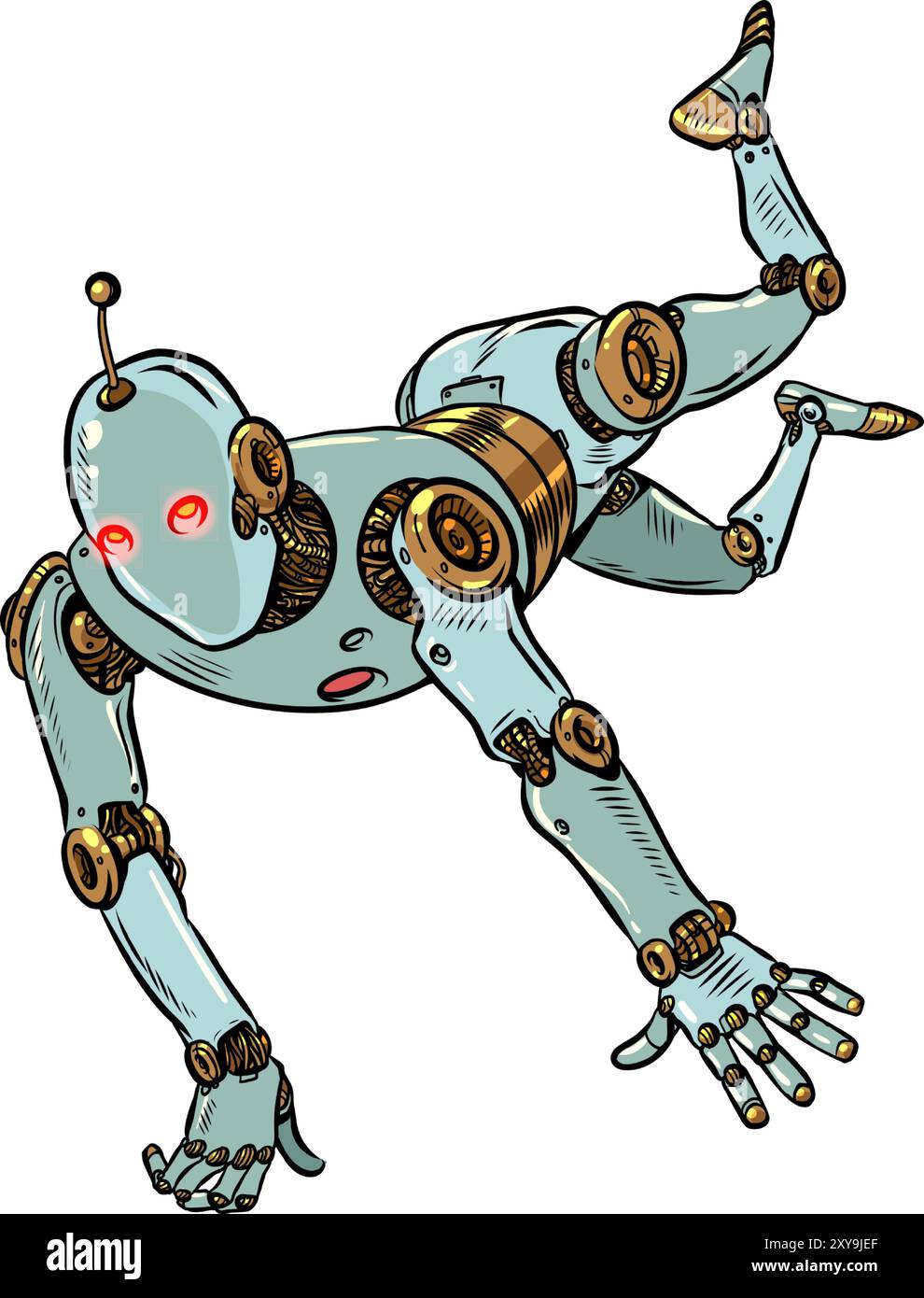 Ein Vintage-Roboter fällt herunter. Entwicklung der KI im Bereich der Humanisierung. SCI-fi-Look des zukünftigen Computers. Pop Art Retro Vektor Illustration Kitsch Vin Stock Vektor