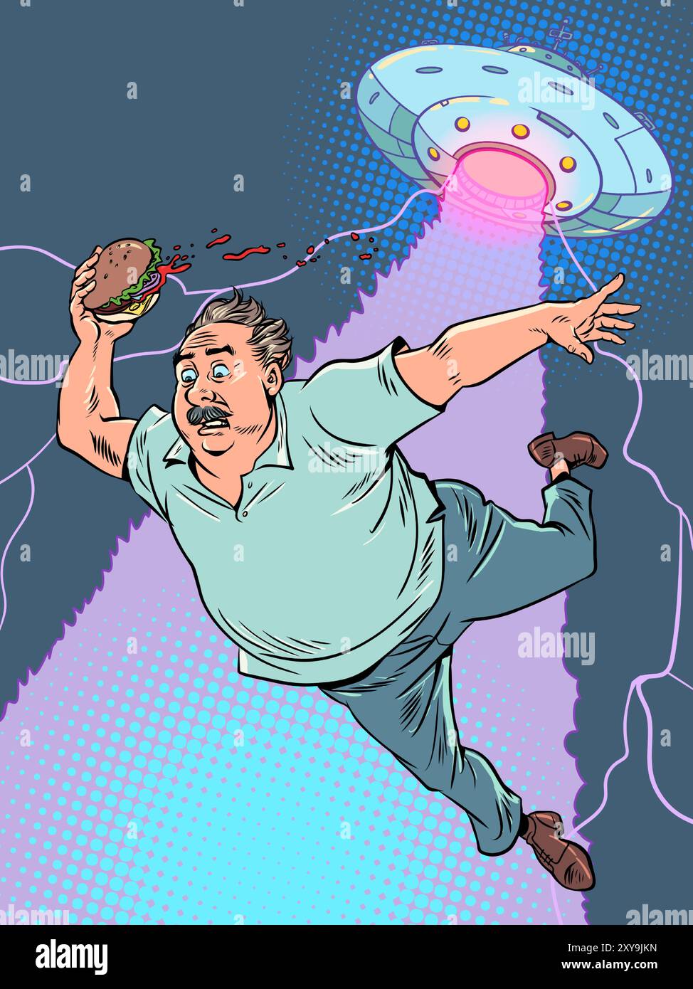 Pop Art Retro ein gewöhnlicher Mann mit einem Burger wird von Aliens entführt. Invasion außerirdischer Kräfte auf der Erde. Lustiges Fastfood-Lieferbanner. Stock Vektor