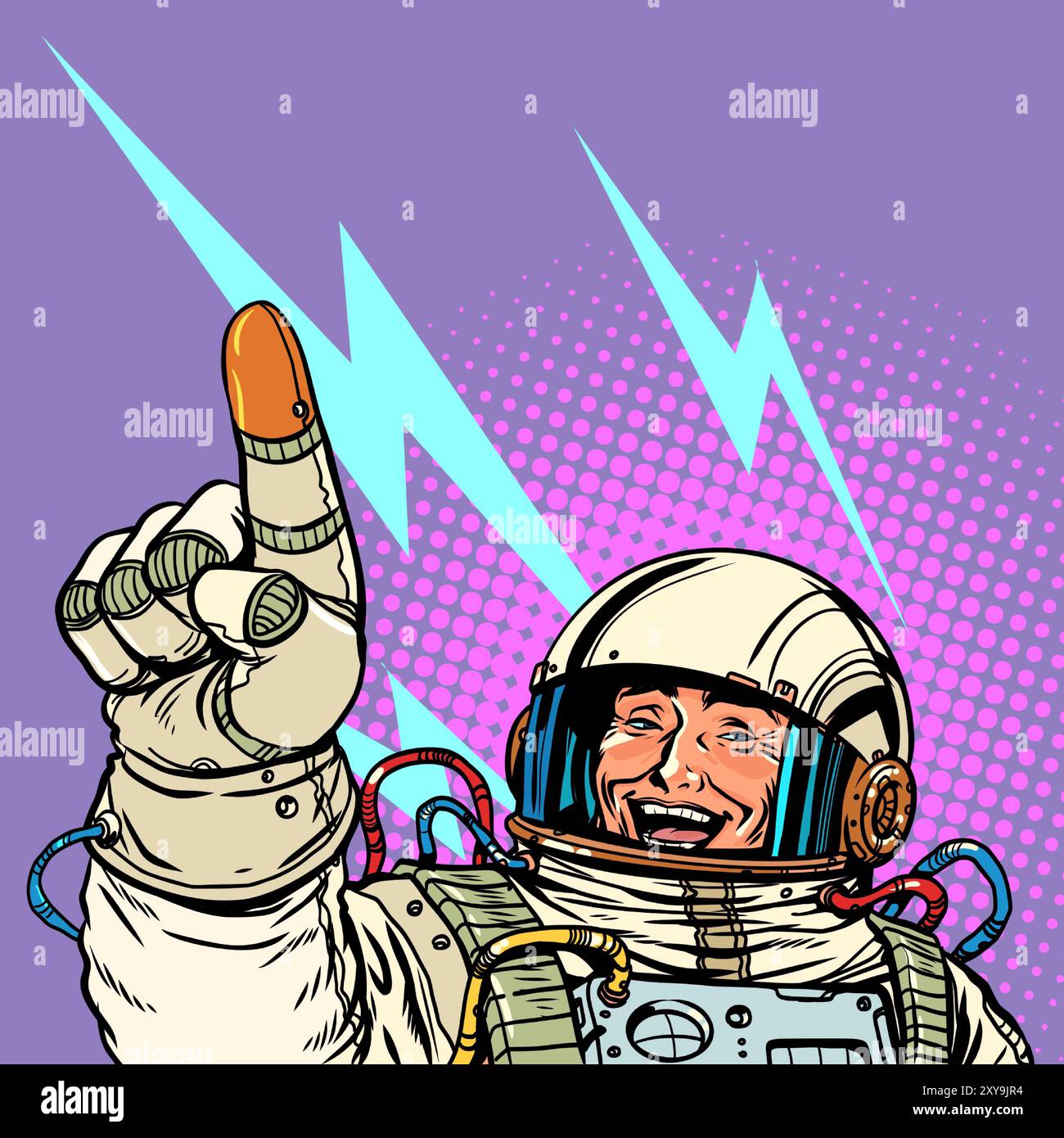 Der Astronaut lächelt und zeigt. Das Universum zu erforschen. Erledige Aufgaben mit einer guten Einstellung. Pop Art Retro Vektor Illustration Kitsc Stock Vektor