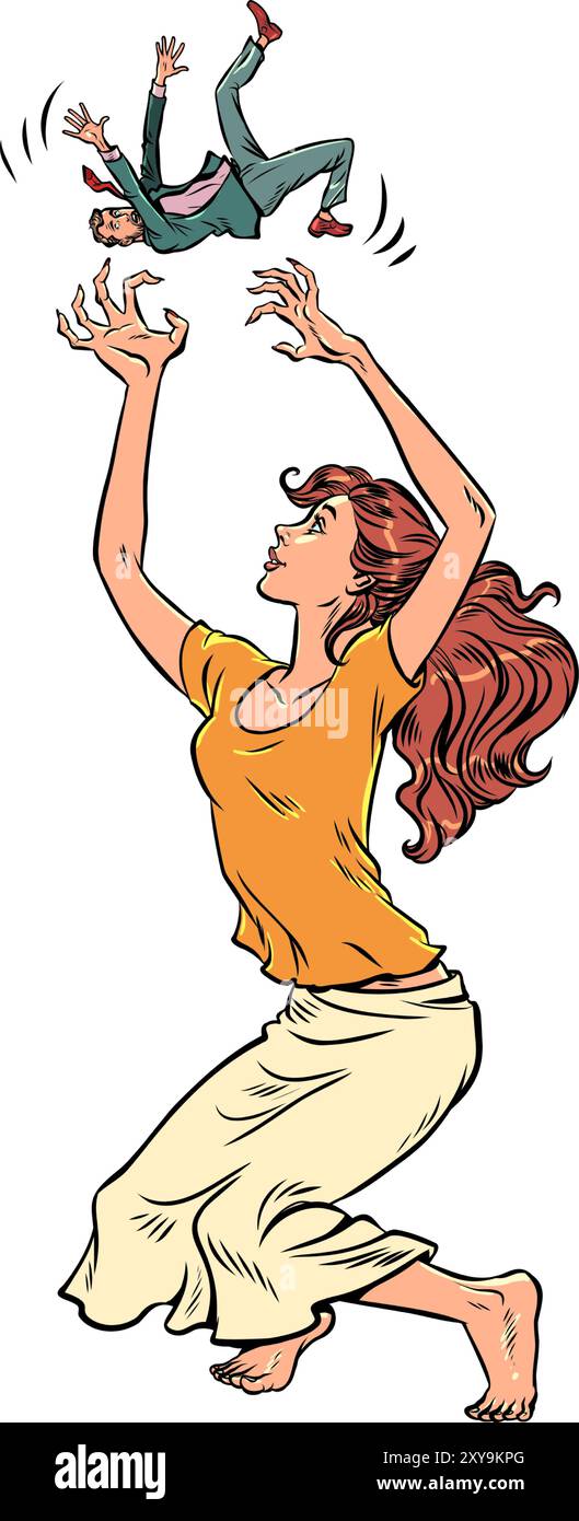 Eine Frau fängt einen Mann mit ihren Händen. Anträge auf Dating und Suche nach deinem Seelenverwandten. Ein Geschenk für einen Mann für die Feiertage. Pop Art Retro Vector Illust Stock Vektor