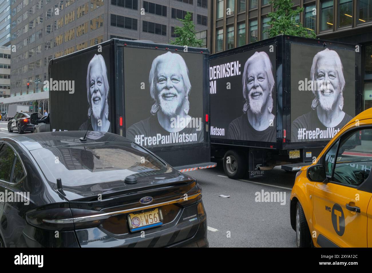 New York, New York, USA. August 2024. Mobile digitale Werbetafelwagen in der Innenstadt von NYC, die für die dänische Regierung rufen. Um den kanadischen US-amerikanischen Meeresschützer freizulassen. Paul Watson. Früher war er Mitglied der Sea Shepherd Conservation Society und der TV-Reality-Serie Whale Wars. Er wurde von der dänischen Polizei auf einer roten Interpol-Nachricht aus Japan wegen seiner Aktionen gegen japanische Walfangschiffe festgenommen. (Kreditbild: © Milo Hess/ZUMA Press Wire) NUR REDAKTIONELLE VERWENDUNG! Nicht für kommerzielle ZWECKE! Stockfoto