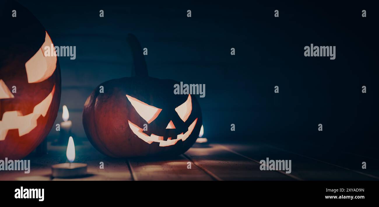 halloween-Feiertagskonzepte Hintergründe mit Kürbissen. 3D-Rendering Stockfoto