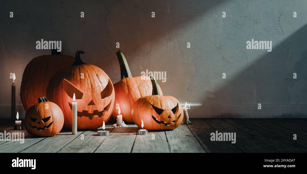 halloween-Feiertagskonzepte Hintergründe mit Kürbissen. 3D-Rendering Stockfoto