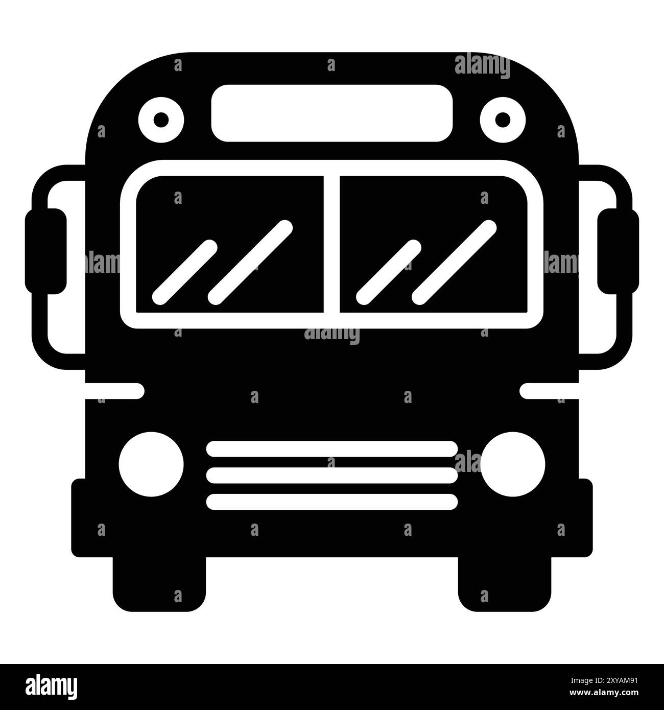 Bus-Vektor-Symbol. Symbol für öffentliche Verkehrsmittel. Schulbusschild. Schwarze Silhouette. Vorderansicht. Anreise mit dem Bus. Stock Vektor