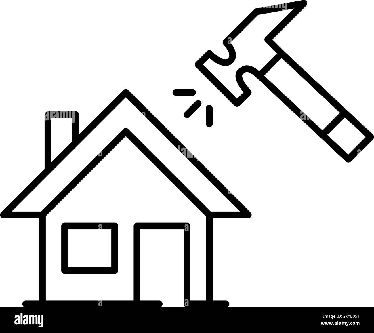 Haus und Hammer. Bauarbeiten, Reparaturen und Renovierungen. Pixel Perfect Vektor-Symbol Stock Vektor