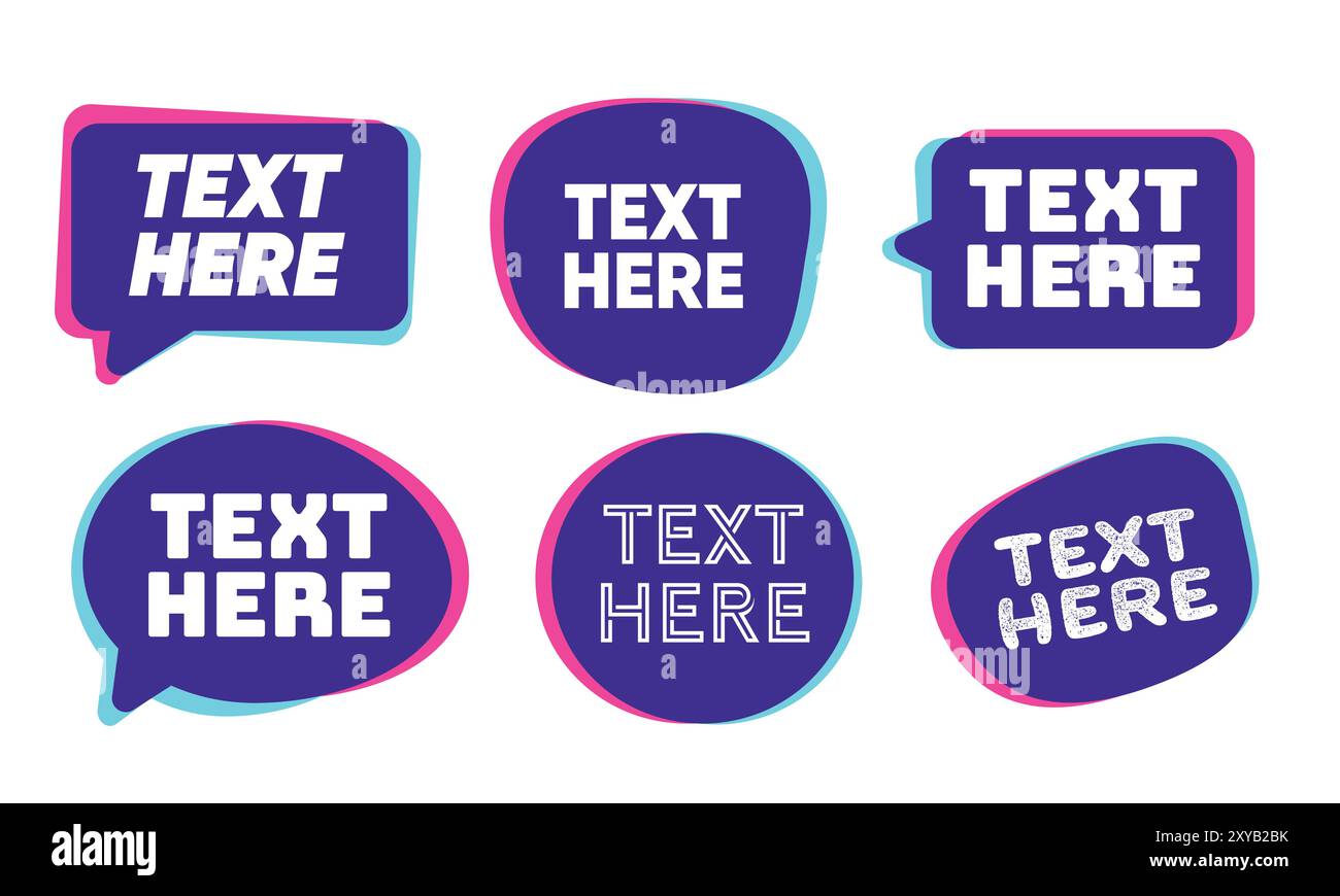 Vorlage der Sprechblase mit rundem Rahmen, weißer Text auf dunklem, sich überschneidendem Blau und Lila, ultraviolettem Neon Stock Vektor