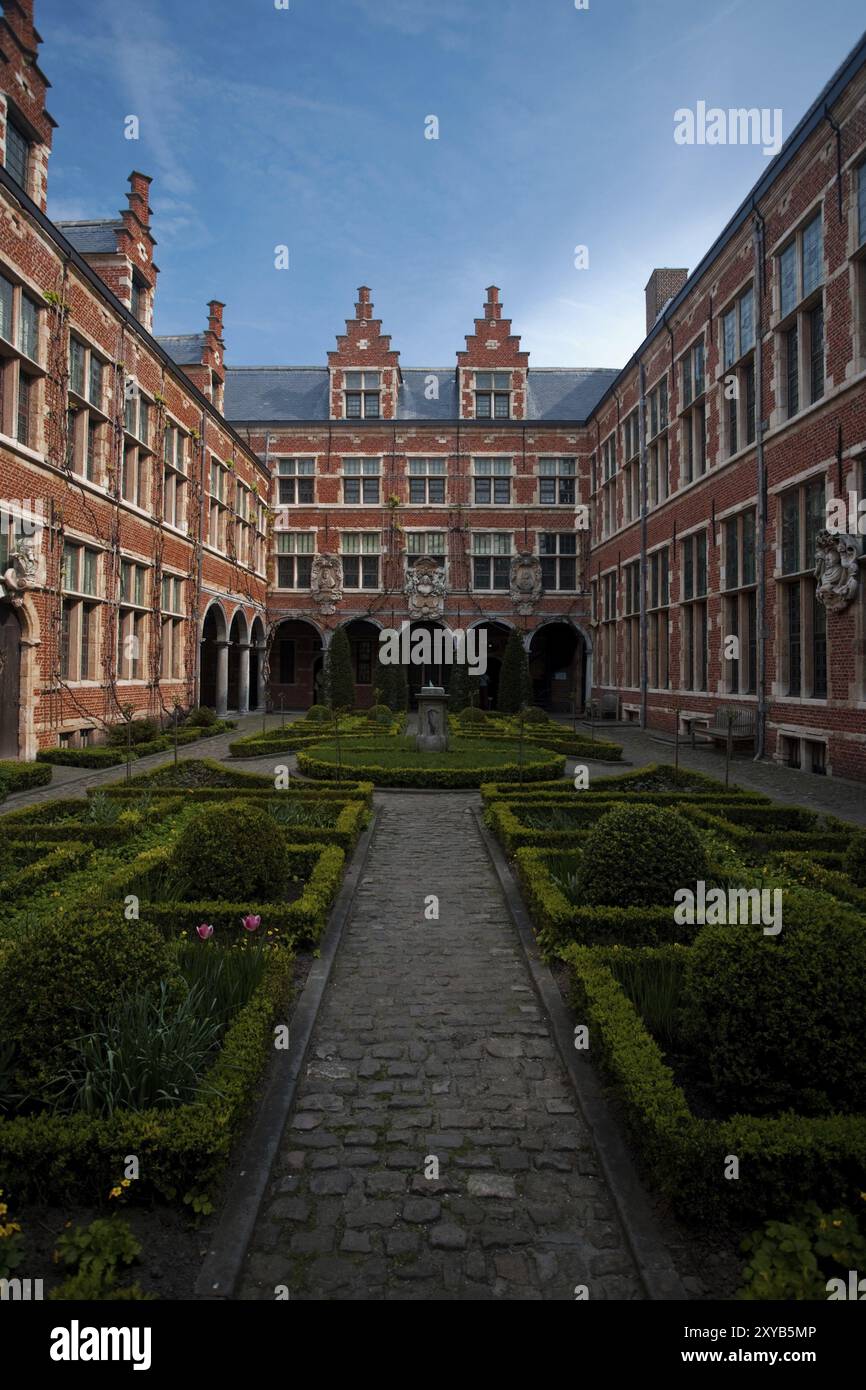 Ein wunderschön gepflegter europäischer Garten in einem Innenhof in Antwerpen, Belgien, Europa Stockfoto