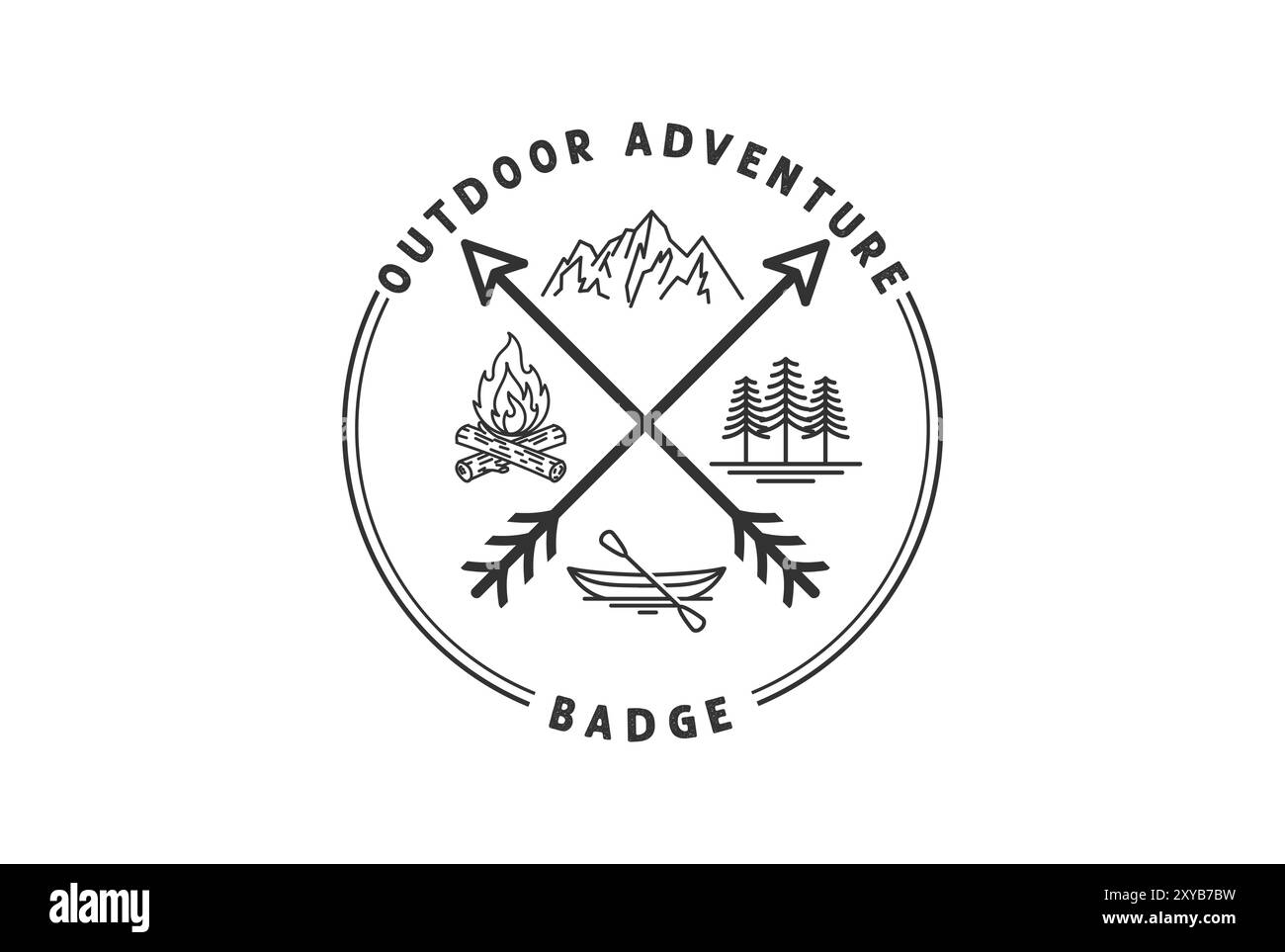 Vintage Retro überquerte Pfeilspitze mit Mountain Bonfire Boat und Forest for Hunting Outdoor Adventure Emblem Stock Vektor