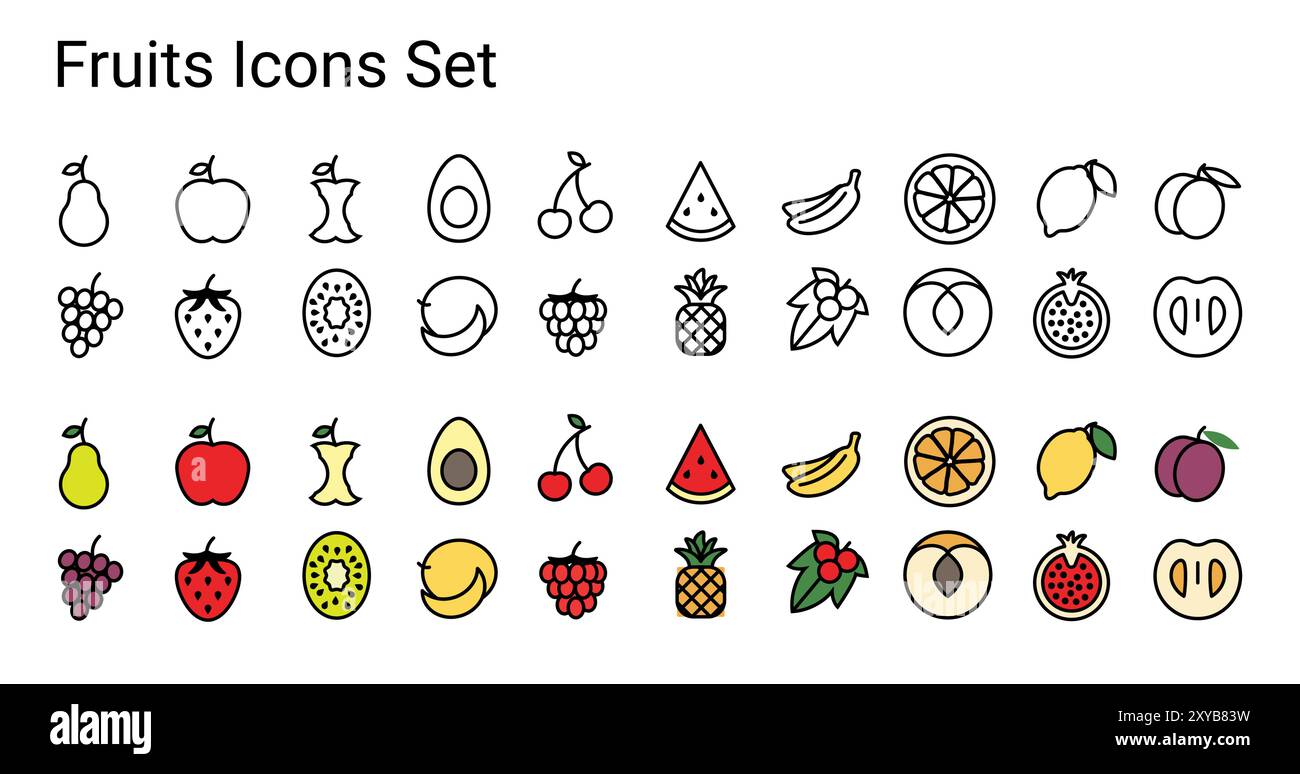 Kontur Frucht Symbole Set, Vektor Illustration Design. Stock Vektor