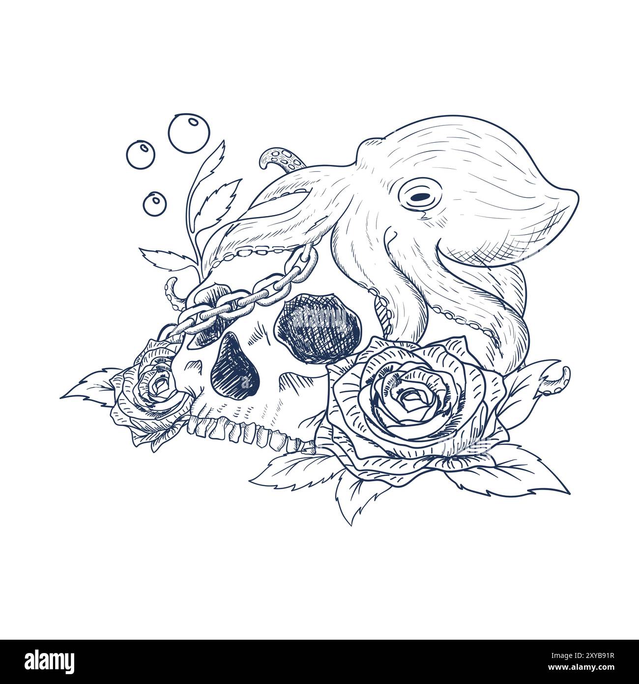 Retro Hand gezeichneter menschlicher Schädel Rose Spüle mit Oktopus und Kette Skizze Tattoo Design Illustration Vektor Stock Vektor