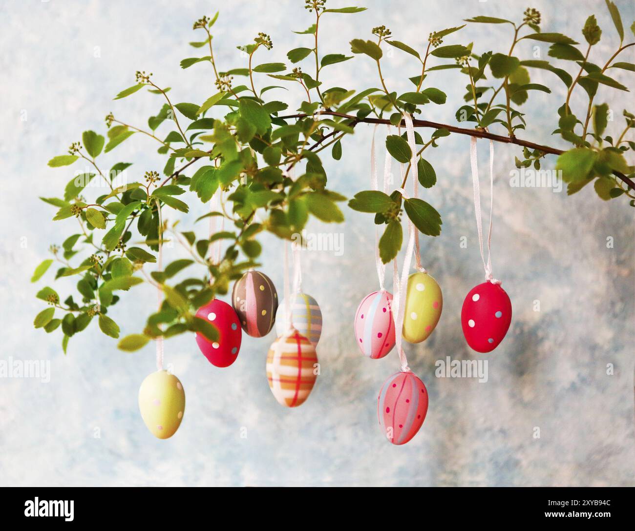 Ostern-Hintergrund mit Ostereiern und Frühlingsblumen Stockfoto