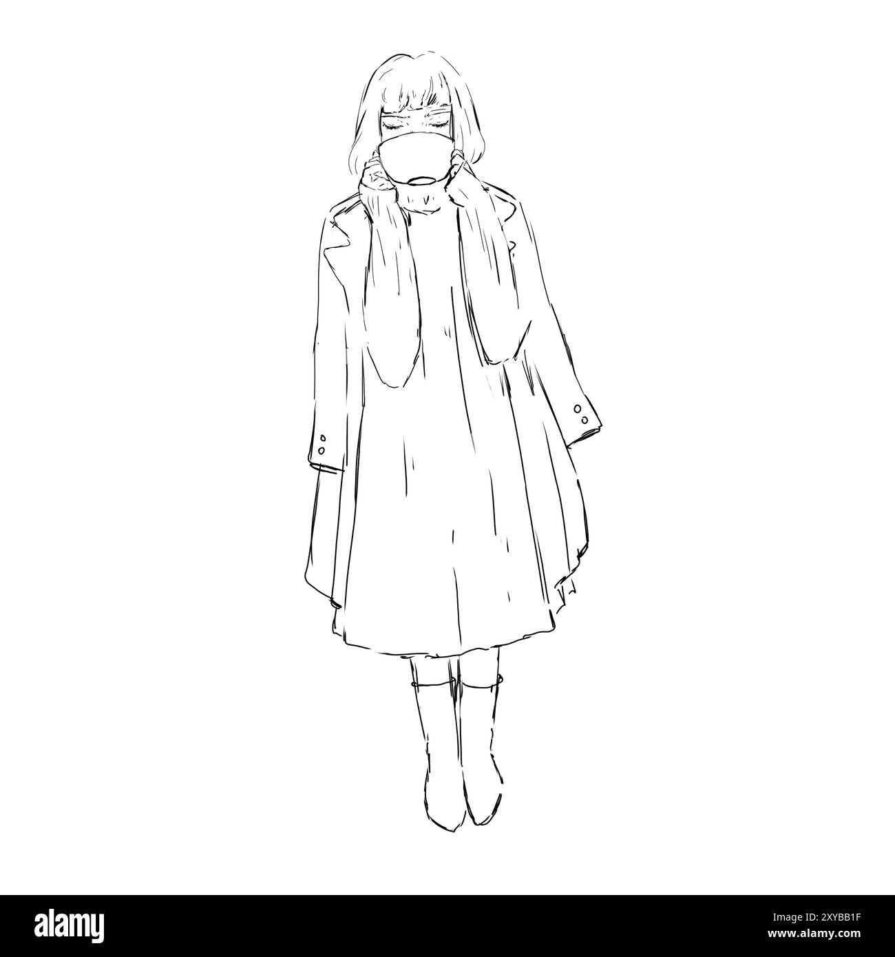 Frau in Trenchcoat und Kleid trinkt Kaffee aus einer Tasse, während sie steht, skizziert schwarz-weiße digitale Illustration Stockfoto
