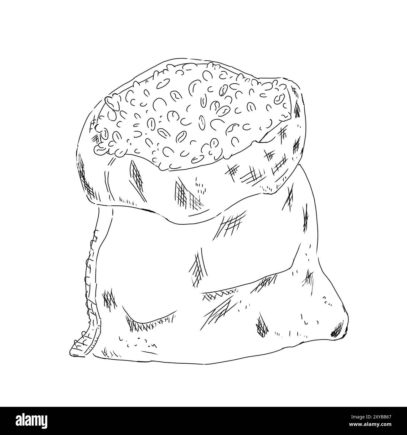 Jutebeutel mit Kaffeebohnen, schwarz-weiße Illustration Stockfoto