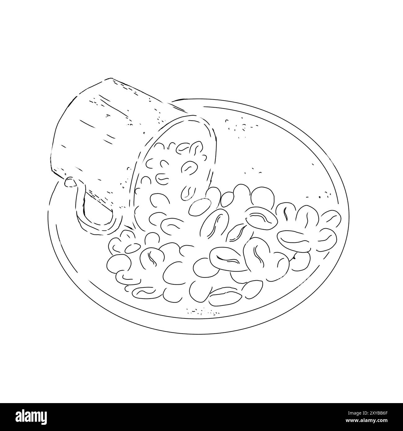 Tasse mit Kaffeebohnen auf Untertasse, schwarz-weiße Abbildung Stockfoto