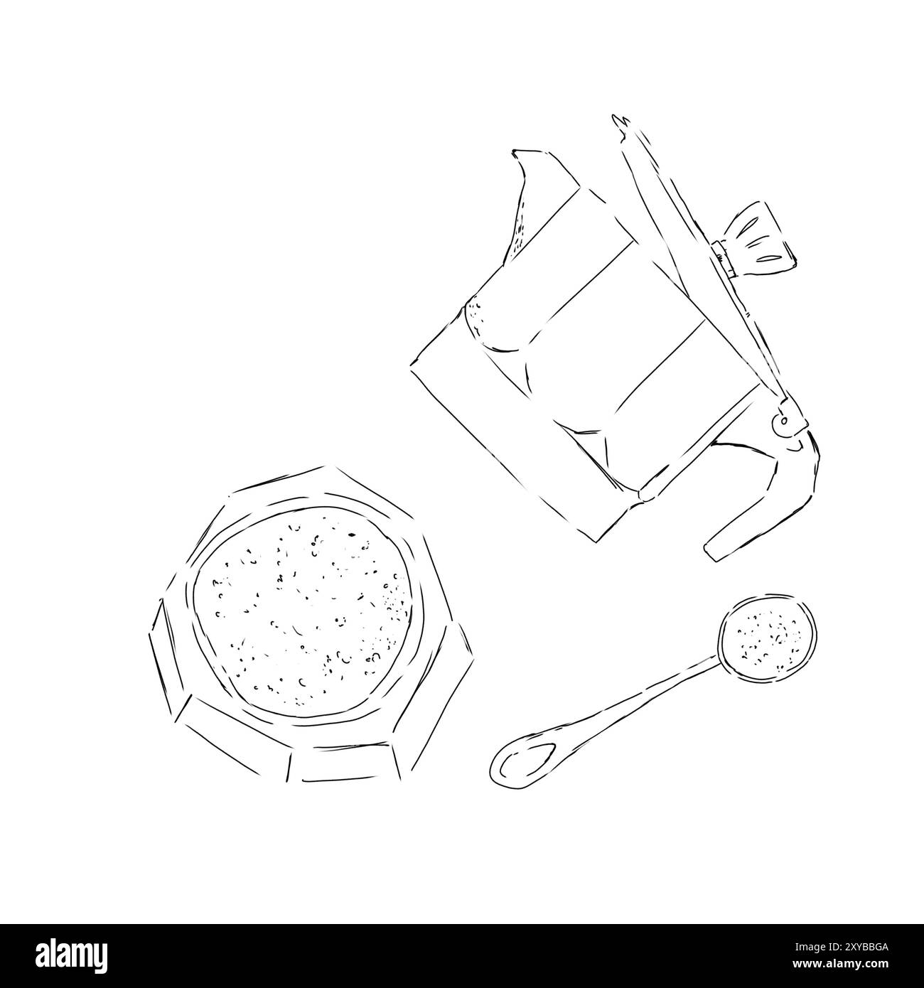 Skizze einer kleinen Kaffeekanne mit Kaffee und einem kleinen Löffel mit Kaffee, Schwarz-weiß-Illustration Stockfoto