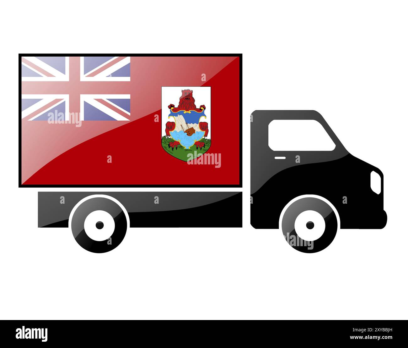 Die Flagge der Bermuda-Inseln ist auf der Silhouette eines Lastwagens gemalt. Hochglanz-Illustration Stockfoto