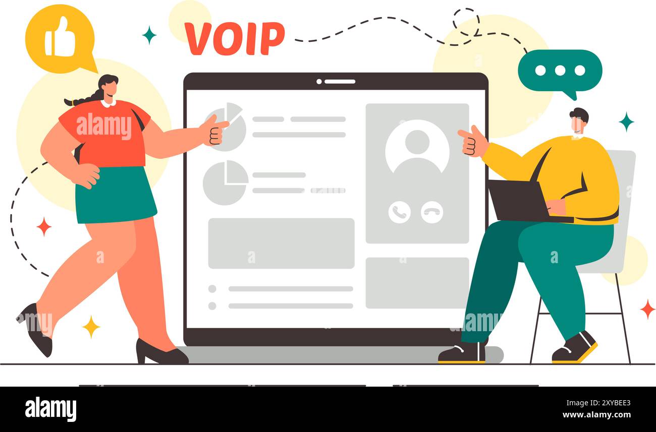 VOIP- oder Voice-over-Internet-Protokoll-Vektor-Illustration mit Telefonie-Schematechnologie und Network Phone Call Software in flachem Hintergrund Stock Vektor