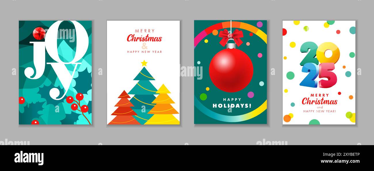 Moderne Weihnachten und Happy New Year 2025 Poster oder Grußkarten Set. Vektorfarbene 3D-Zahlen 2025, die Joy, stechpalme Beere und Weihnachtsbaum beschriften Stock Vektor