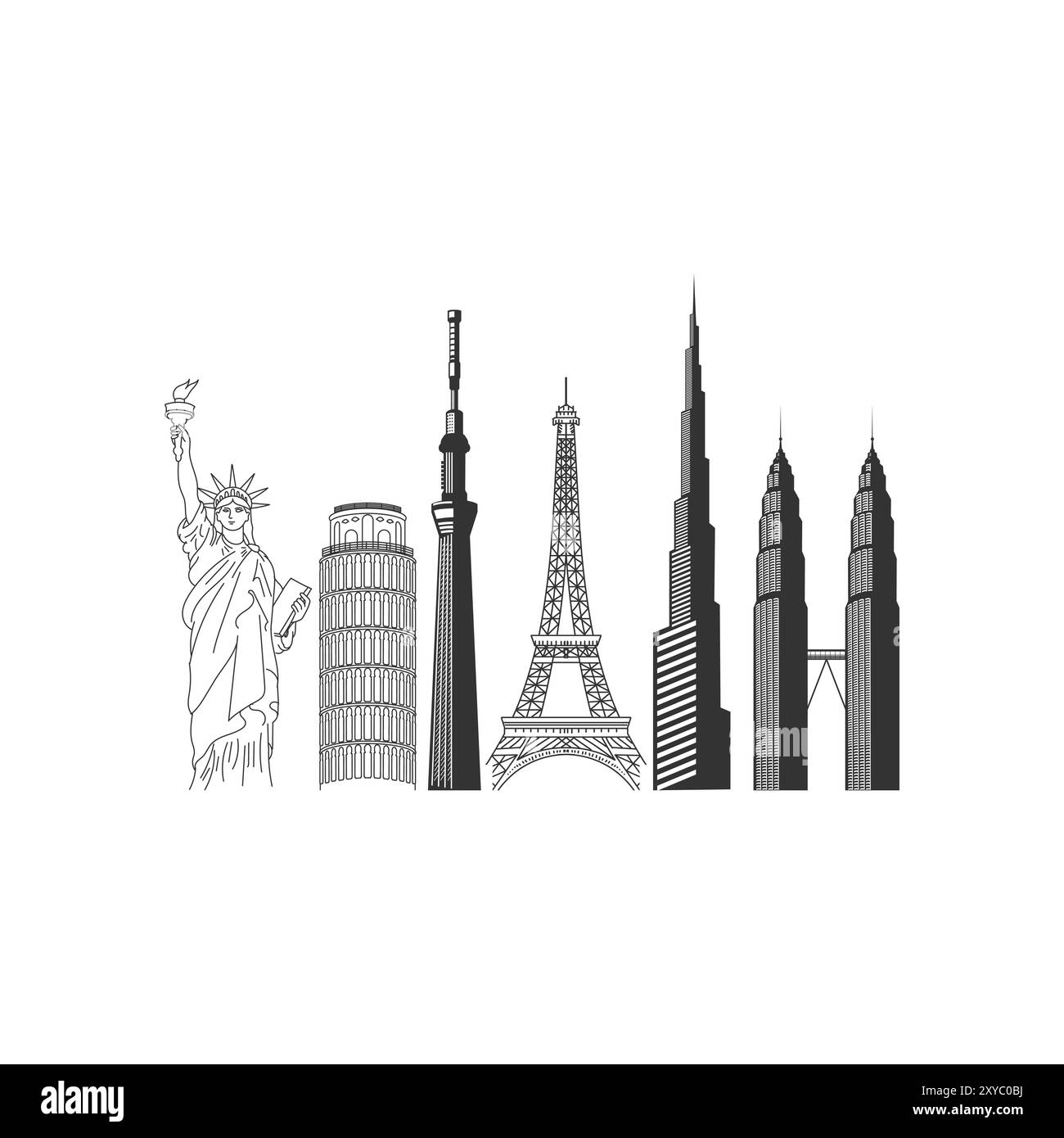 Eine Reihe berühmter Stadtsymbole. New york Statue, Italienisch, Frankreich, Dubai und Malaysian Landmark Towers. Vektorabbildung Stock Vektor