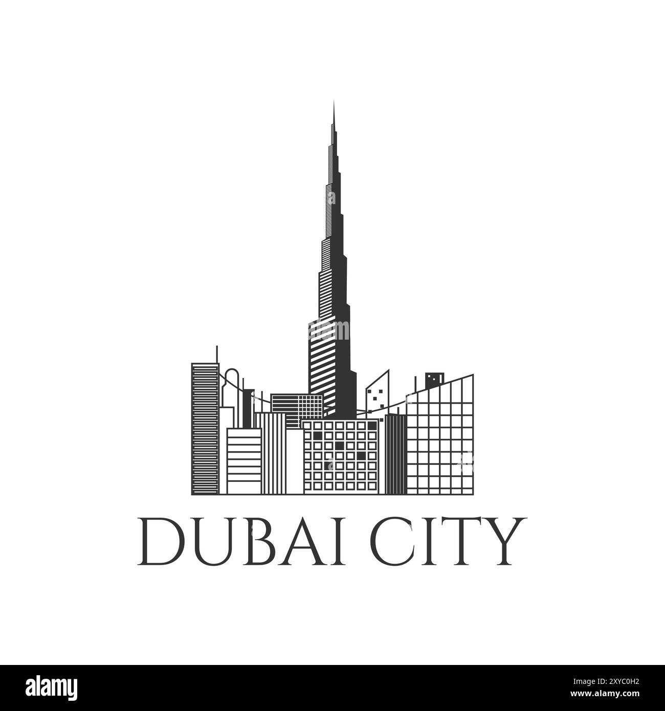 Skyline der Stadt Dubai mit Wahrzeichen des Hochturms, isolierte Linie. Vektorabbildung Stock Vektor