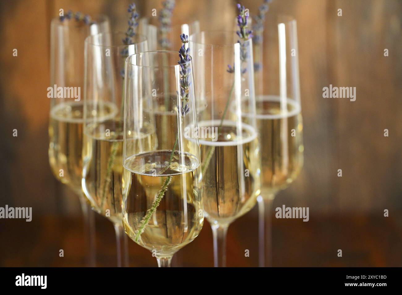 Gläser Champagner dekoriert mit Lavendel auf unscharfen Holz- Hintergrund Stockfoto