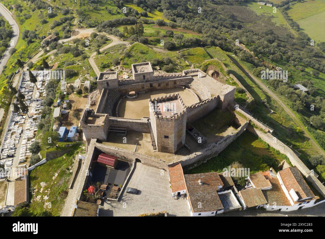 Monsaraz Drohne von oben in Alentejo, Portugal, Europa Stockfoto