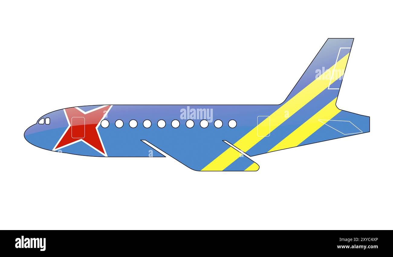 Die Aruba-Flagge ist auf die Silhouette eines Flugzeugs gemalt. Hochglanz-Illustration Stockfoto