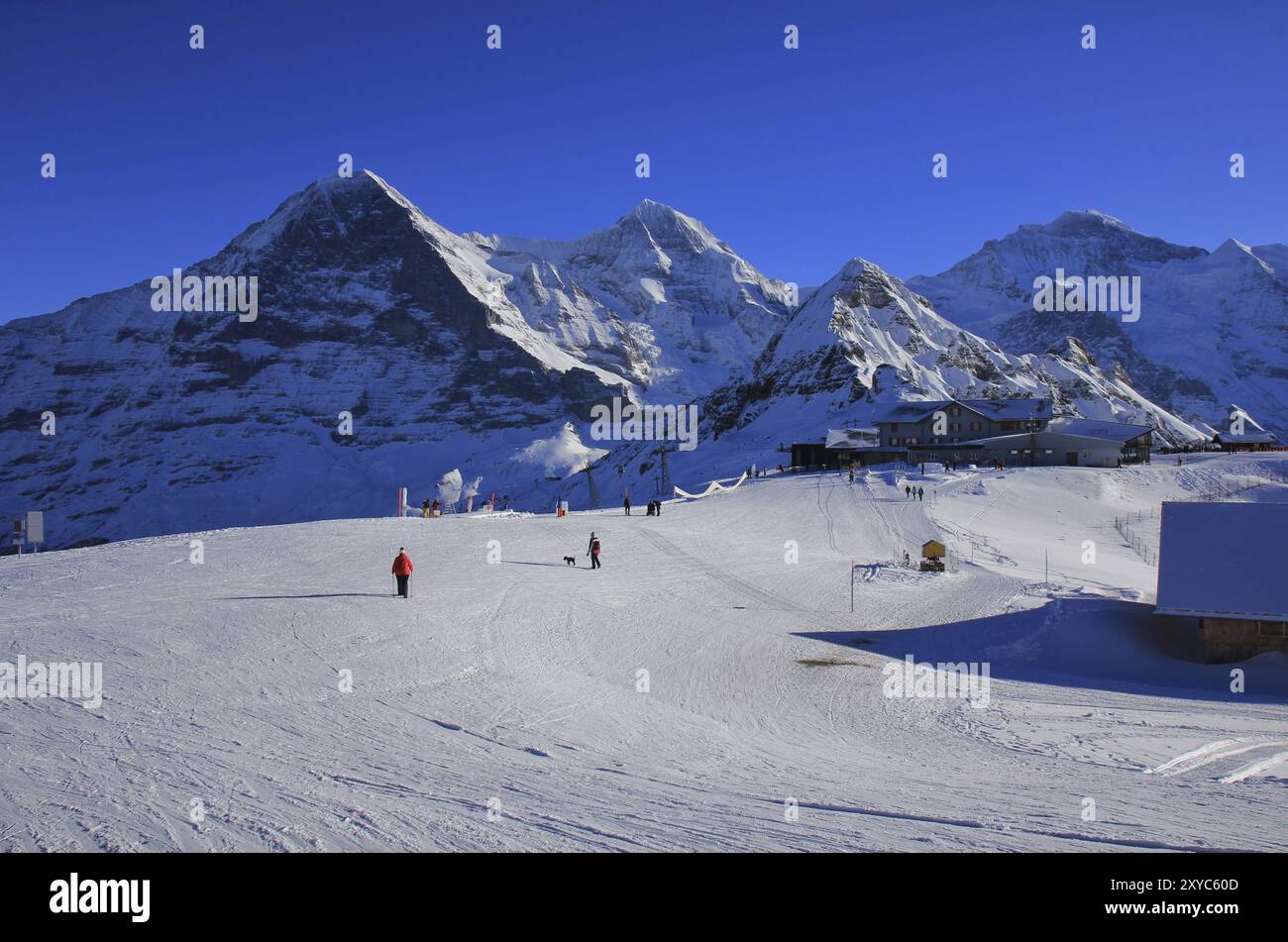 Winterszene in Grindelwald, Schweizer Alpen. Skipiste und schneebedeckte Berge Eiger, Mönch, Lauberhorn und Jungfrau Stockfoto